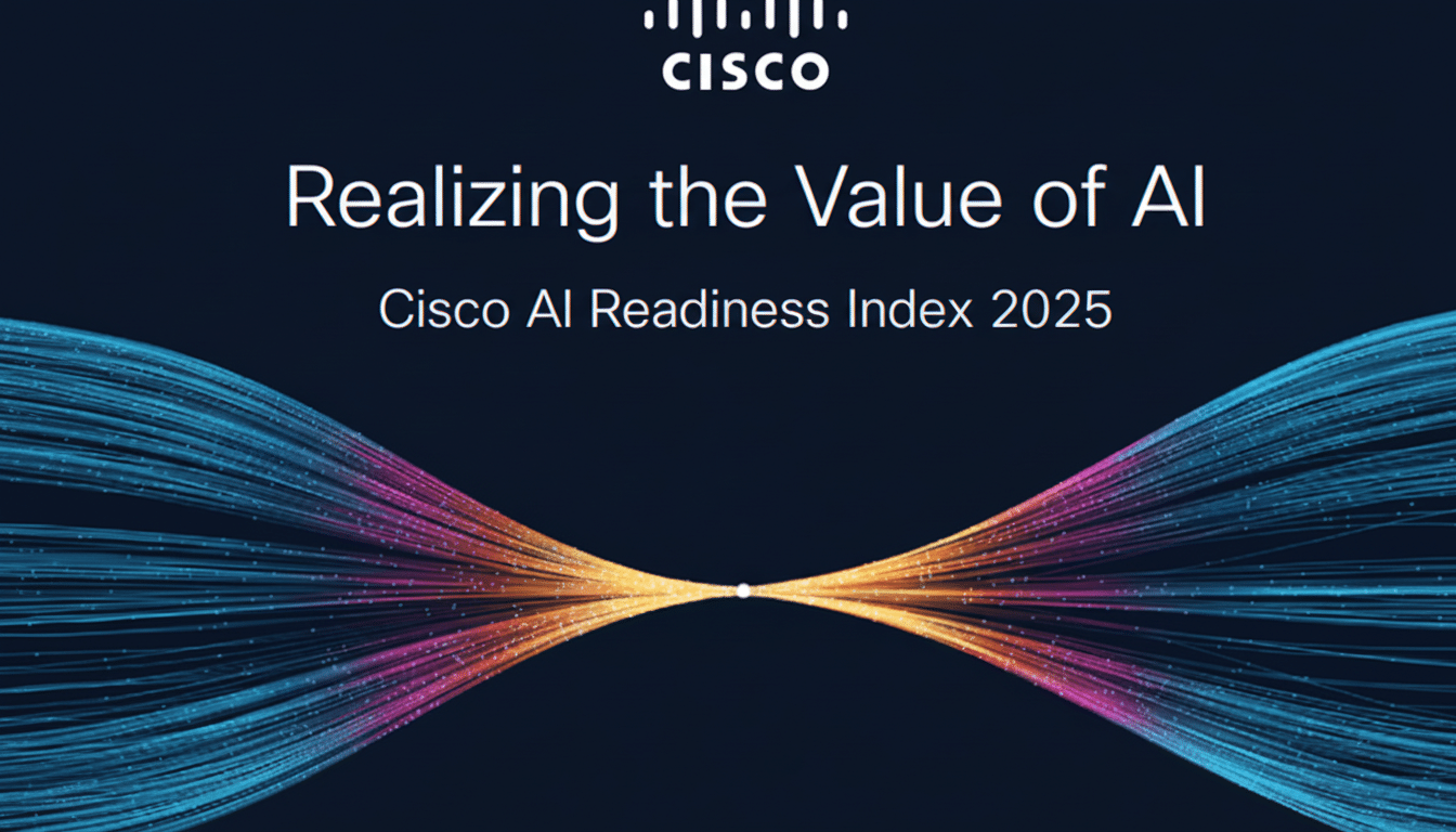 A professional presentation slide for Realizing the Value of AI and Cisco AI Readiness Index 2 025, featuring the Cisco logo and a graphic of converging and diverging light streams on a dark background.