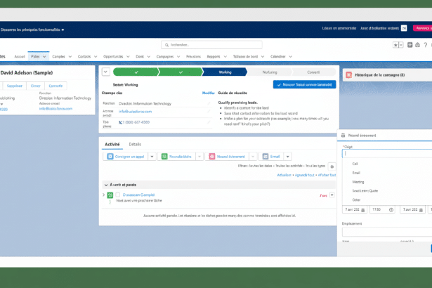 A professional screenshot of a CRM software interface with a lead' s profile open , displaying contact information, lead status, activities, and an overlay for creating a new event. Filename : c rmsoftware lead profilenew event.png