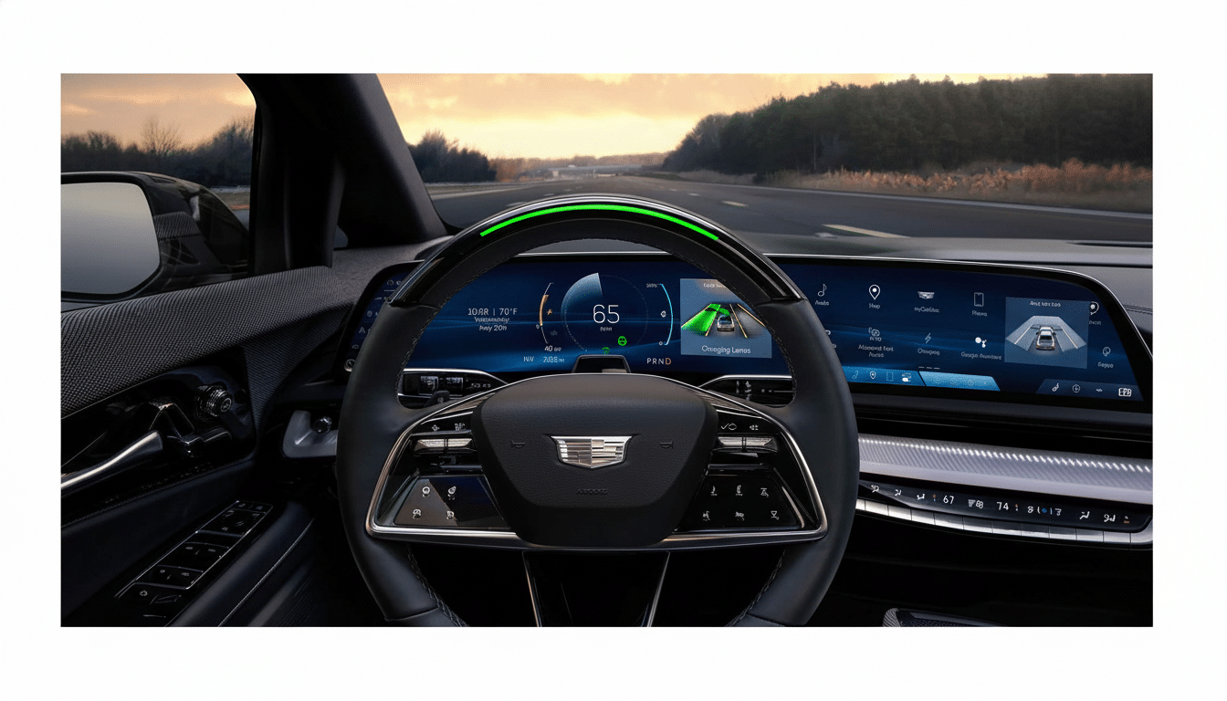 The interior of a Cadillac electric vehicle with a prominent steering wheel and a wide digital dashboard displaying navigation , speed, and infotainment options .