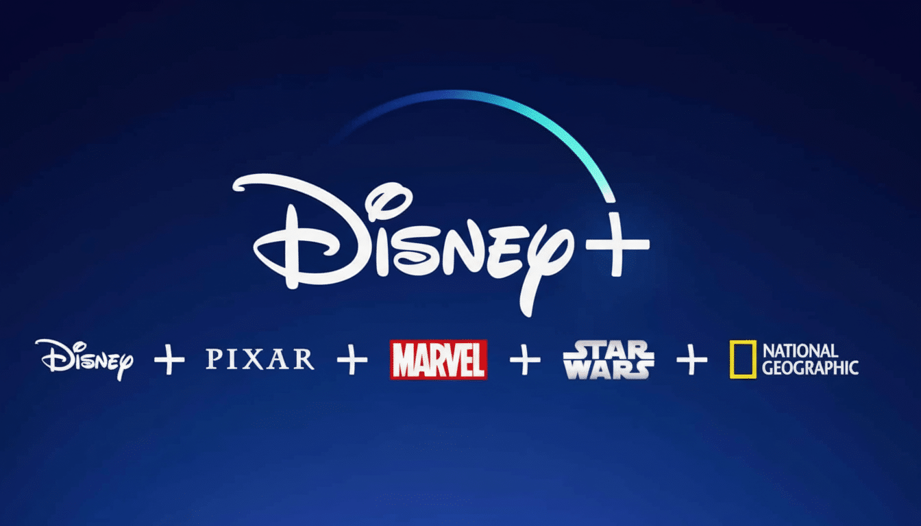 The Disney + logo with the logos of Disney, Pixar, Marvel, Star Wars, and National Geographic below it, all set against a dark blue background.