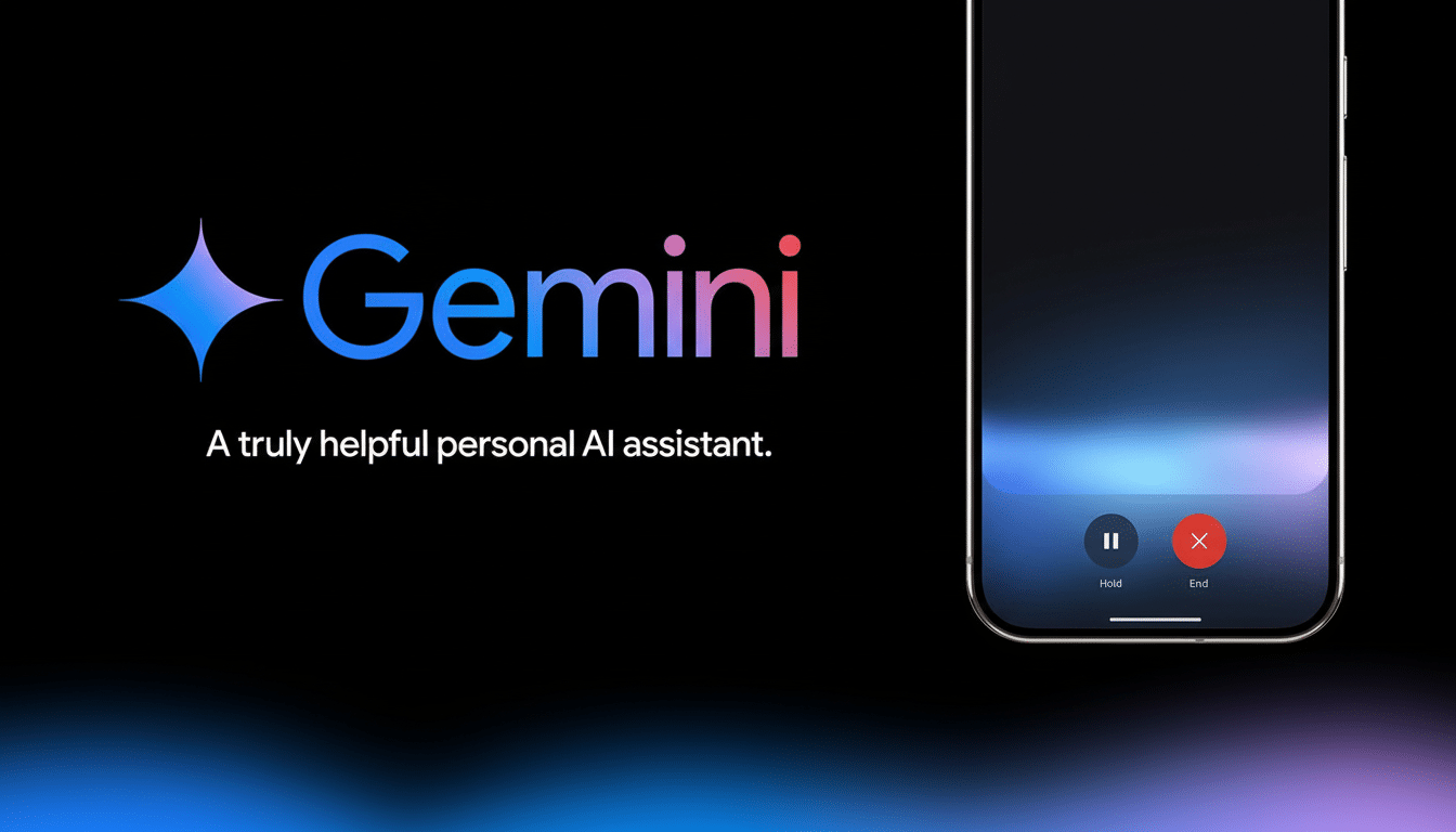 A professional image with the Gemini logo and text A truly helpful personal AI assistant on the left, and a partial view of a smartphone screen displa