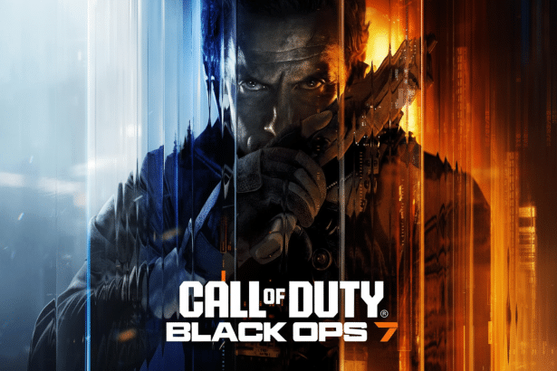 Call of Duty: Black Ops 7 promotional image featuring a soldier with a split blue and orange background, holding a weapon, focused and intense. Filename : callof dutyblack ops7 prom otional.png