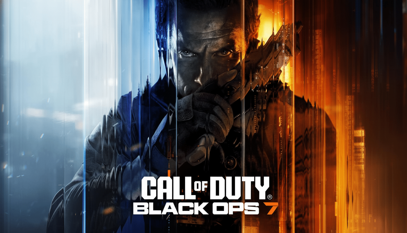 Call of Duty: Black Ops 7 promotional image featuring a soldier with a split blue and orange background, holding a weapon, focused and intense. Filename : callof dutyblack ops7 prom otional.png
