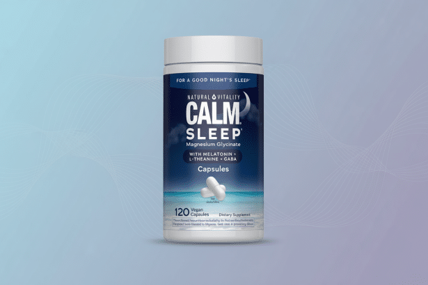 A white bottle of Natural Vital ity Calm Sleep Magnesium Glycinate capsules with a blue label, set against a background with soft blue and purple grad