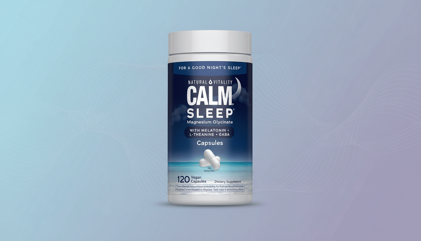 A white bottle of Natural Vital ity Calm Sleep Magnesium Glycinate capsules with a blue label, set against a background with soft blue and purple grad