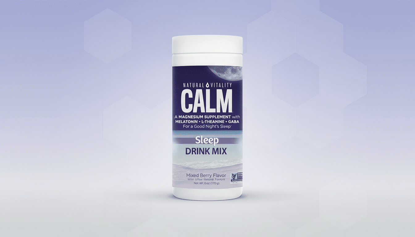 A white container of Natural Vital ity Calm Sleep Drink Mix, Mixed Berry Flavor, on a blue background with subtle hexagonal patterns.