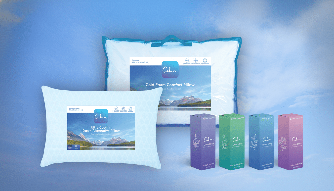 Two Calm brand pillows and four Calm linen sprays in various scents on a sky blue background.