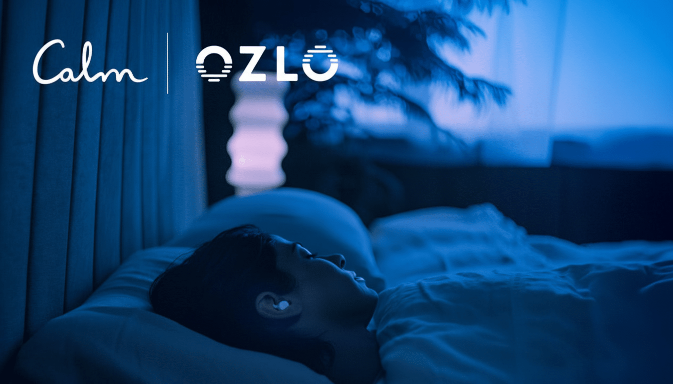 A person sleeping in bed with earbuds in, under a blue light, with the Calm and OZ LO logos at the top.