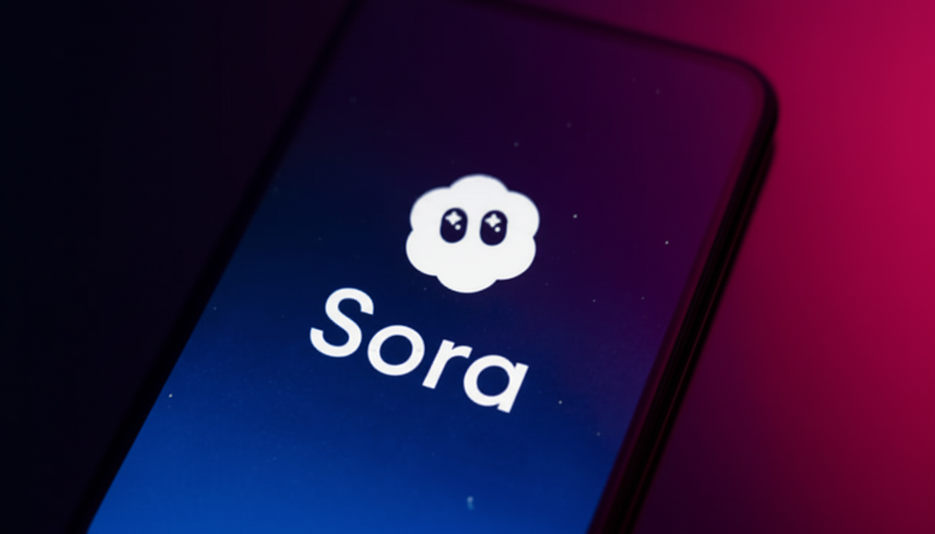 The Sora app logo, a white cloud with two eyes, displayed on a smartphone screen with a dark blue and purple gradient background.