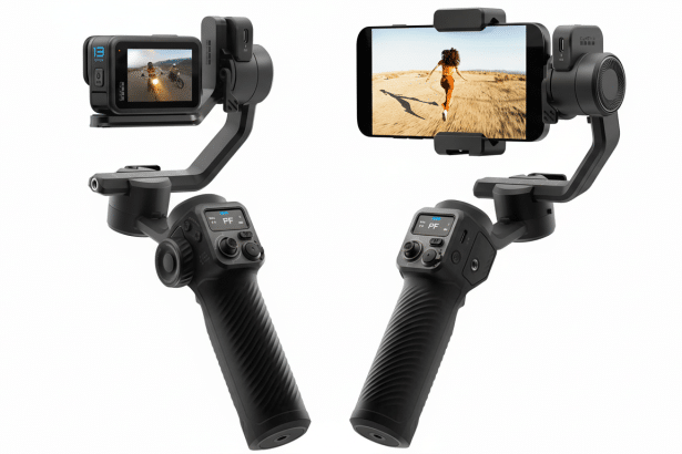 A professional shot of two black handheld camera gimbals, one with a GoPro and the other with a smartphone displaying a desert scene with a person .