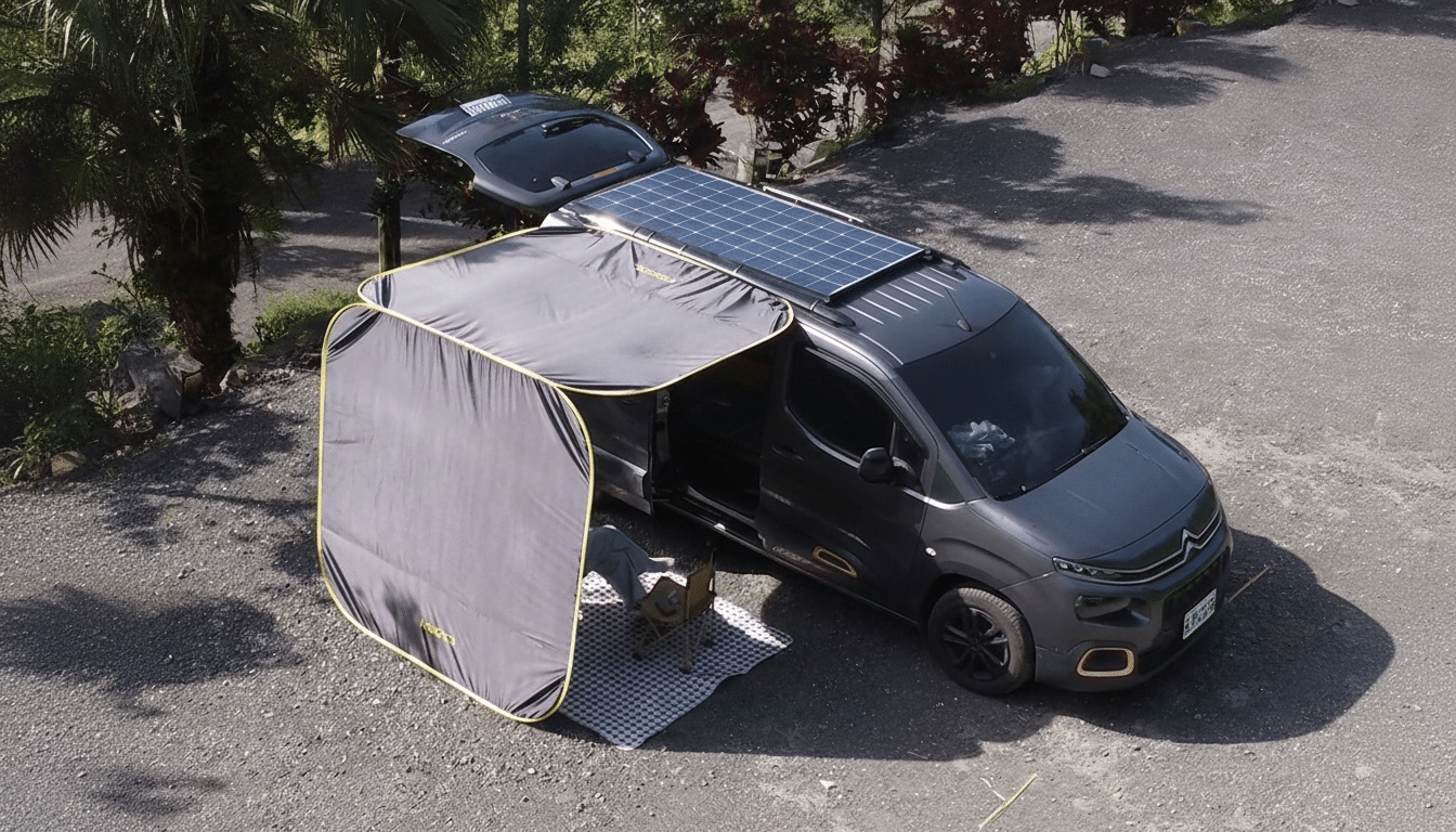 A grey camper van with solar panels on its roof and a pop -up privacy tent attached to its side, parked on a gravel area surrounded by trees.