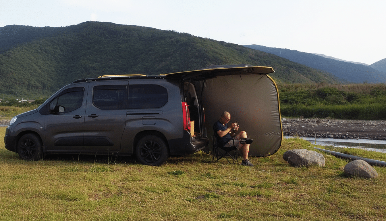 A man sitting in a camping chair next to a dark grey van with an attached awning , set up in a grassy field beside a river with mountains in the background , resized to 16 :9 aspect ratio .