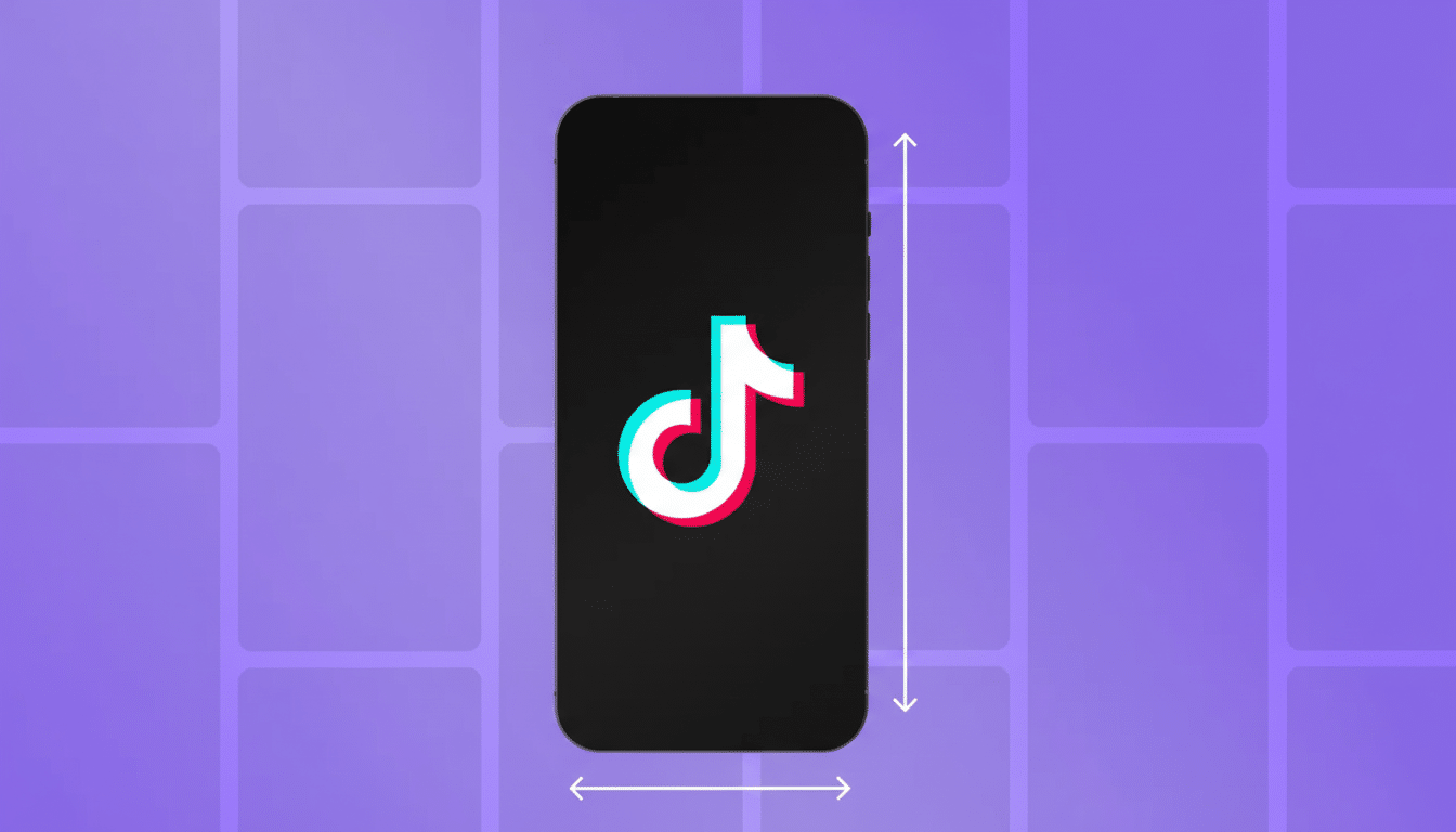 A smartphone displaying the TikTok logo on a purple background with a grid pattern, resized to a 16: 9 aspect ratio.