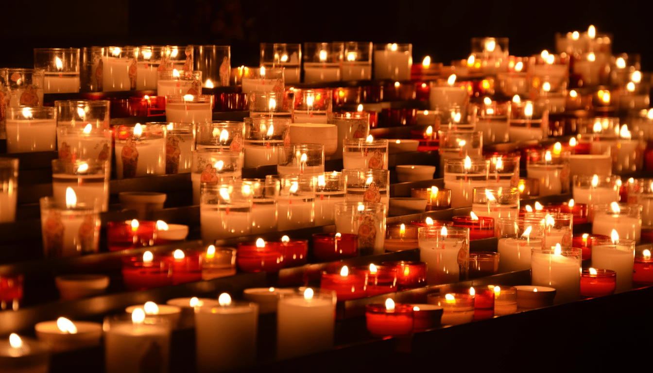 A multitude of candles, some in clear glass holders and some in red holders , illuminating a dark space with soft , warm light.
