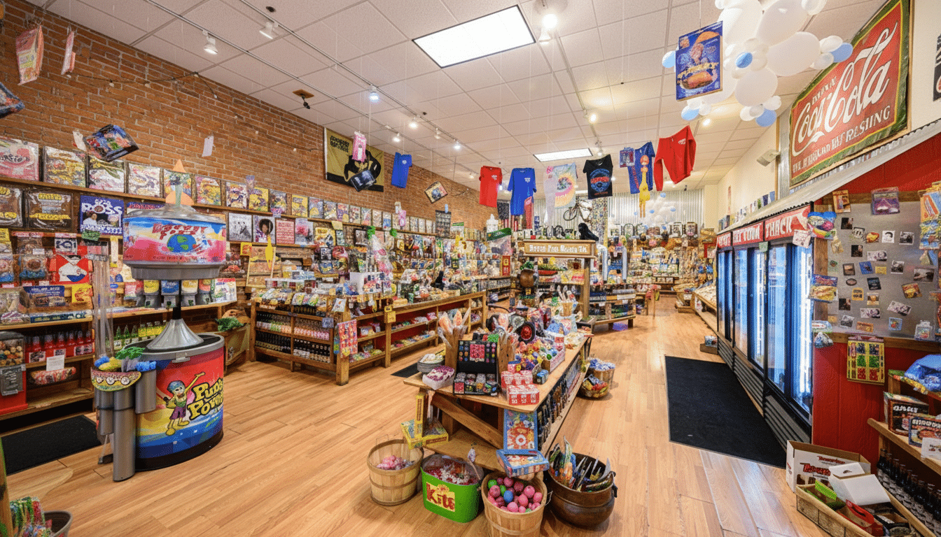 An interior view of a vibrant candy and novelty store with wooden floors, brick walls , colorful merchandise, and a large Coca-Cola sign. Filename : candynovel tystore interior.png