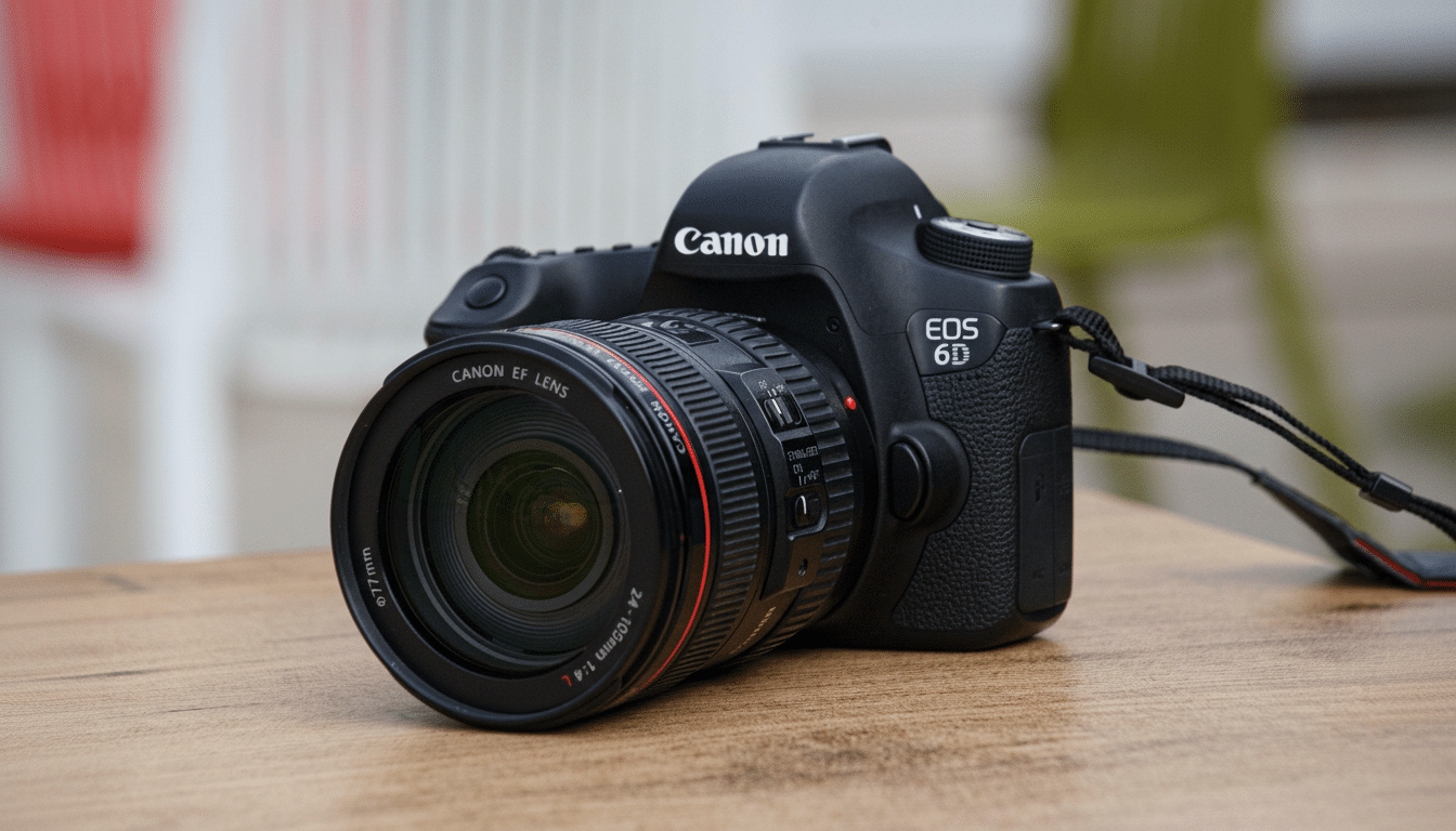 A professional shot of a Canon EOS 6D DSLR camera with an EF 24-1 05mm f /4 L lens, sitting on a wooden surface.