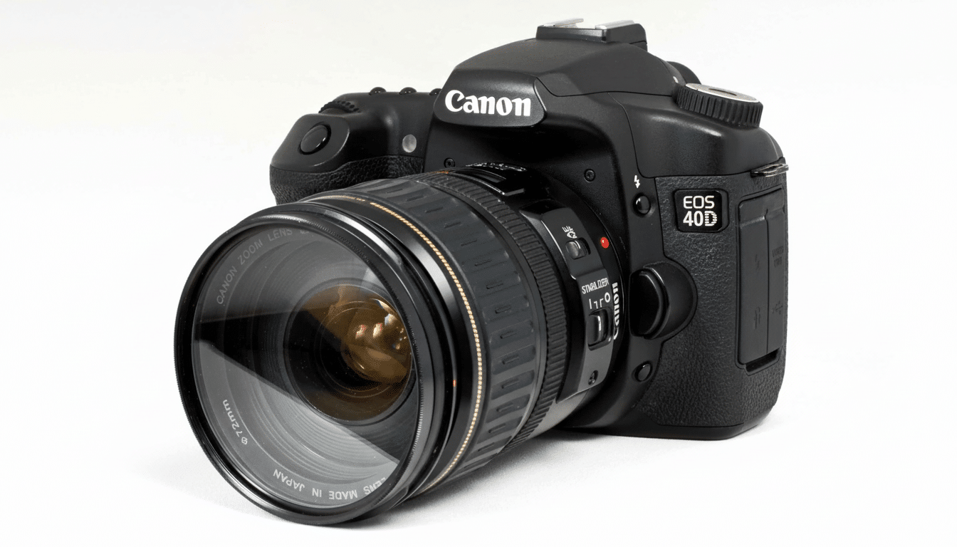 A professional shot of a black Canon EOS 40 D DSLR camera with a zoom lens attached, set against a clean white background.