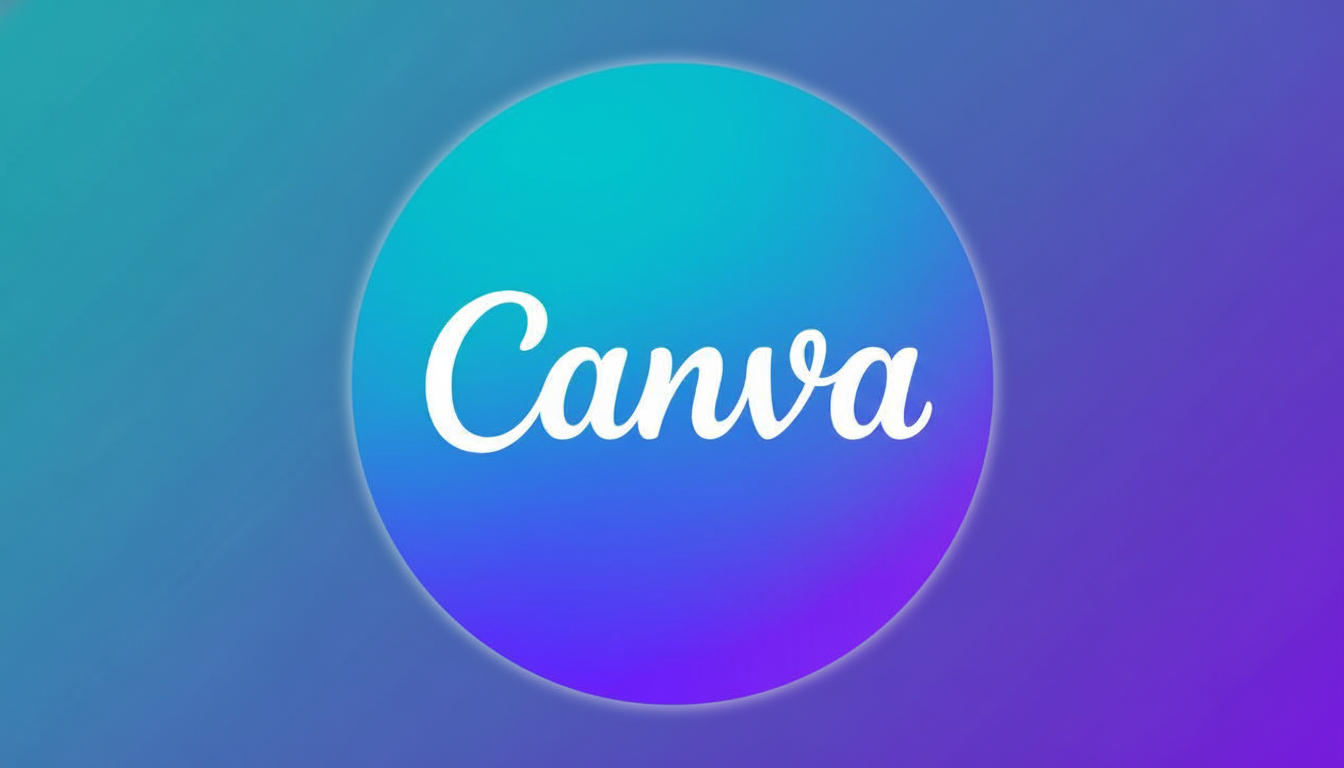 The Canva logo, a white script Canva inside a circular gradient of teal to purple, centered on a professional 16:9 background with a soft teal to purple gradient.