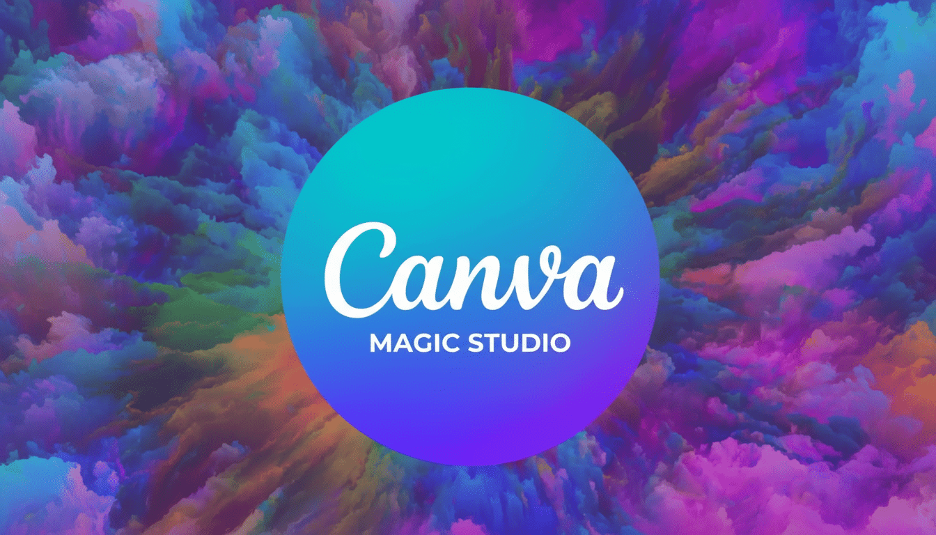 A 16: 9 aspect ratio image featuring the Canva Magic Studio logo in a gradient circle ( teal to purple ) against a colorful, abstract background with