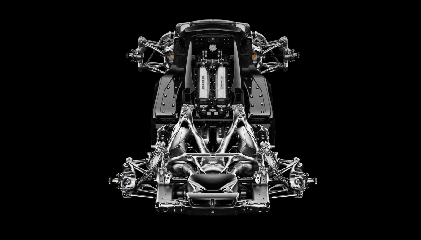 An overhead view of a car chassis with the engine and suspension components visible, set against a black background.