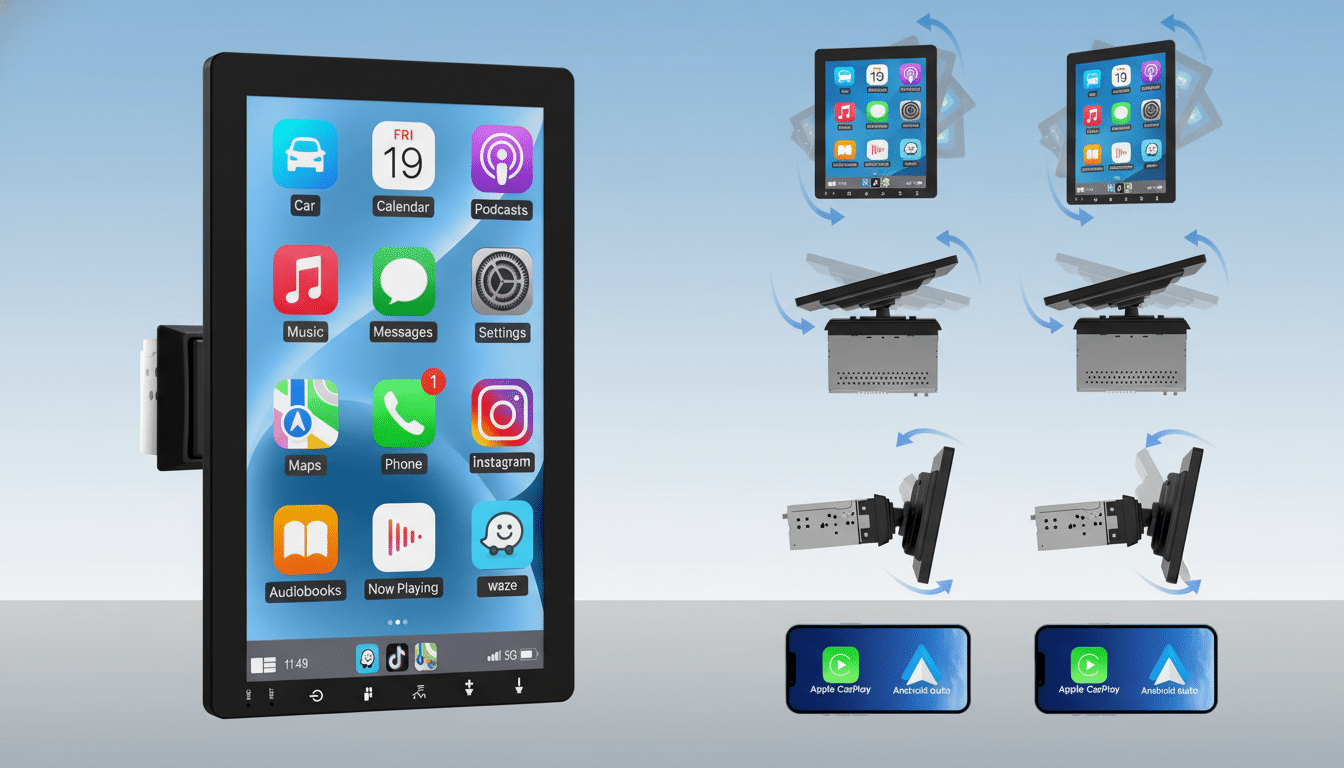 A vertical car infotainment system displaying app icons on a touchscreen , with smaller inset images showing the system's various adjustable angles and a horizontal view of the display with Apple CarPlay and Android Auto logos. Filename : carinf otainmentsystem professional .png