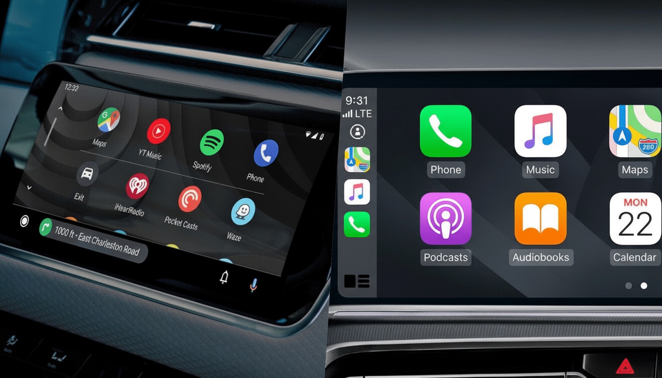 A split image showing two different car infotainment systems. The left side displays Android Auto with various app icons, including Maps , YouTube Music, Spotify, and Phone. The right side shows Apple CarPlay with app icons for Phone, Music, Maps, Podcasts, Audiobooks , and Calendar. Both screens are integrated into a car dashboard. Filename : carinf otainmentsystems .png