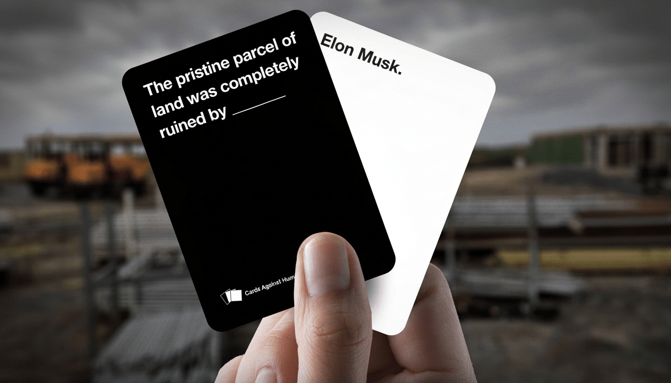 A hand holds two Cards Against Humanity cards. The black card reads The pristine parcel of land was completely ruined by  . The white card reads Elon Musk.