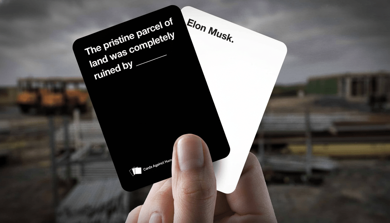 A hand holding two Cards Against Humanity cards, a black card asking  The pristine parcel of land was completely ruined by   and a white card with the answer Elon Musk. Filename : cardsagainst humanity elonmusk .png