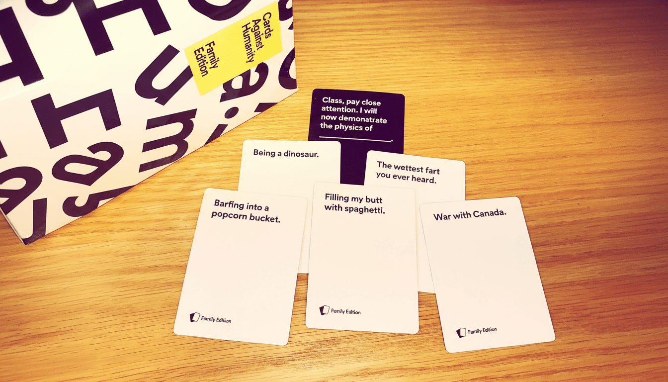 An overhead shot of a Cards Against Humanity Family Edition game box and several white and one black game cards spread out on a wooden table. Filename : cardsagainst humanity familyedition game. png
