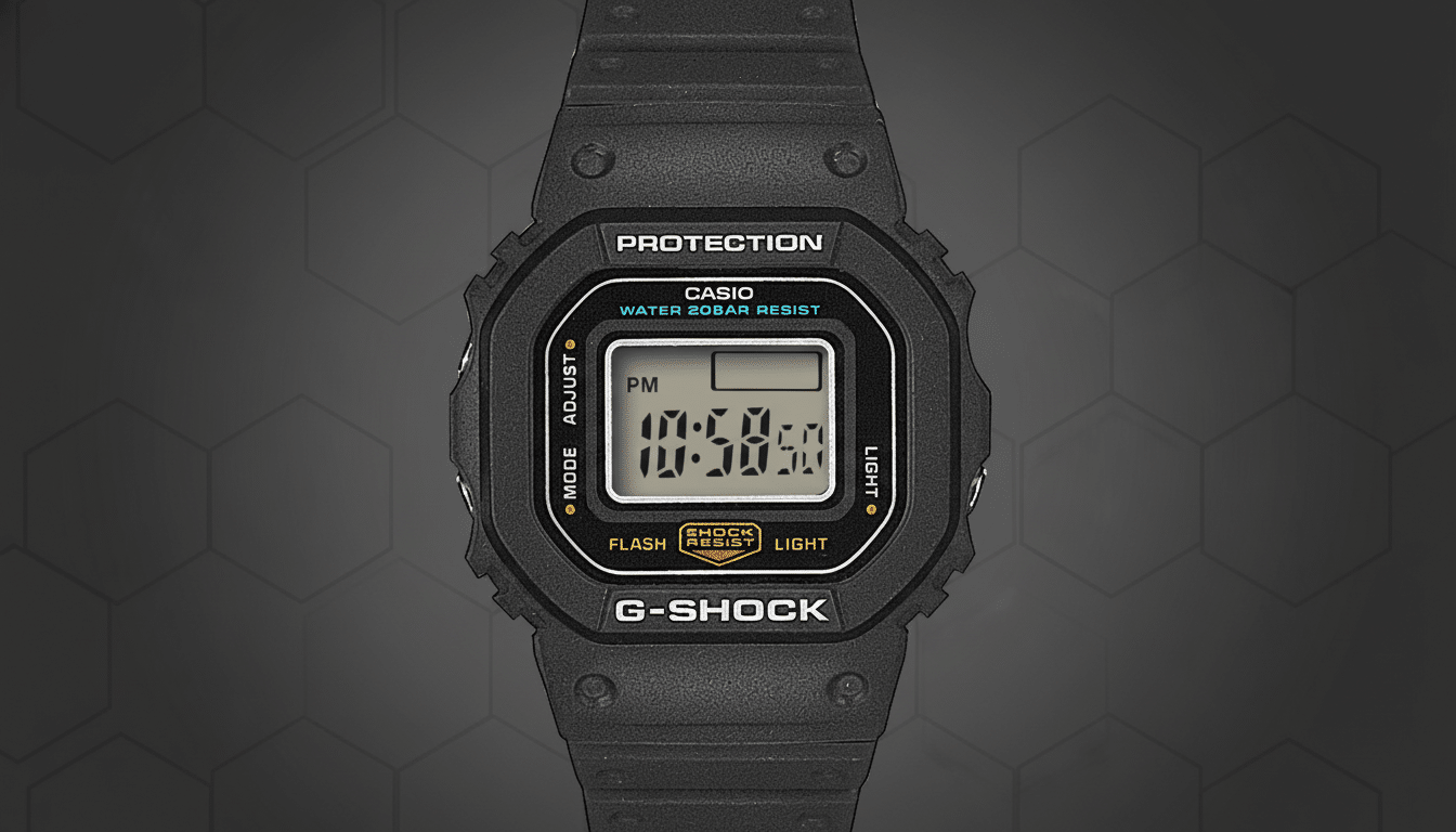 A professional , enhanced image of a black Cas io G-Shock digital watch, featuring a time display of 1 0:58 :50 PM , presented on a dark grey background with a subtle hexagonal pattern.