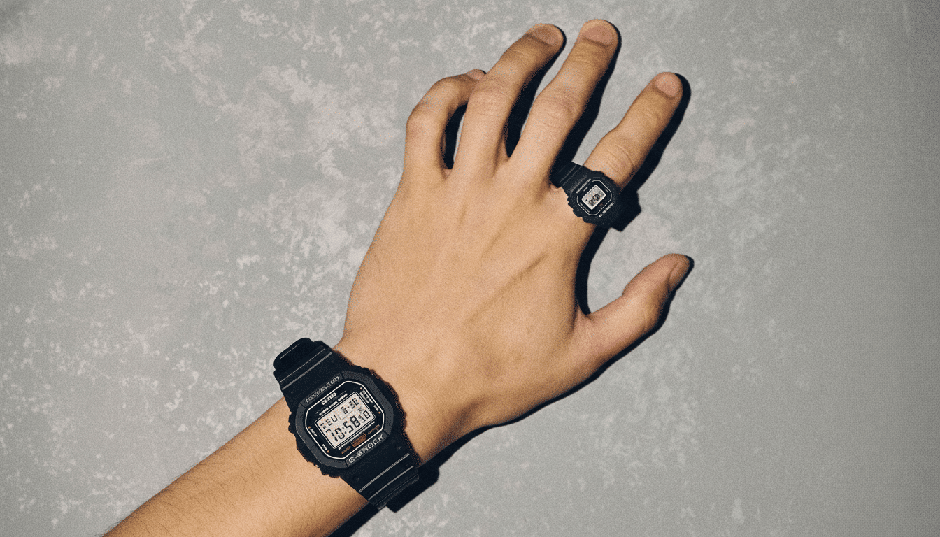 A hand wearing a black G -Shock wristwatch and a matching G -Shock ring, against a textured gray background, resized to 1 6:9 aspect ratio. Filename : hand with gshock watches 1 69. png