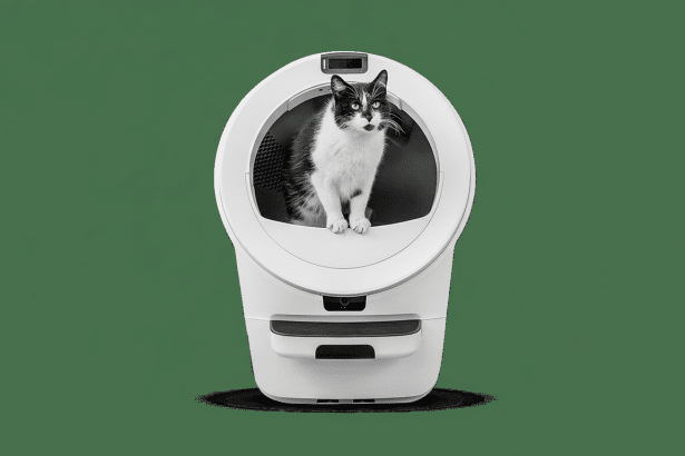 A black and white cat sits inside a white, modern automatic litter box , looking forward .