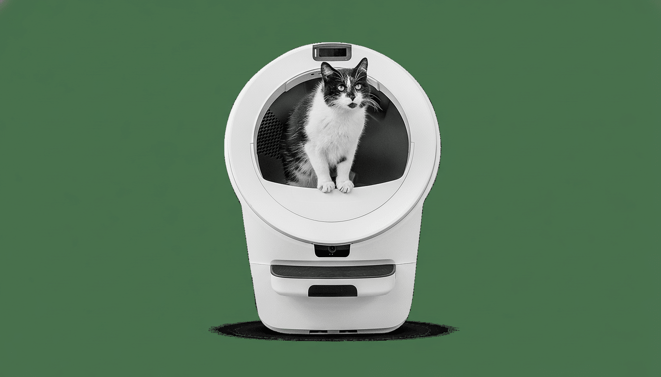 A black and white cat sits inside a white, modern automatic litter box , looking forward .