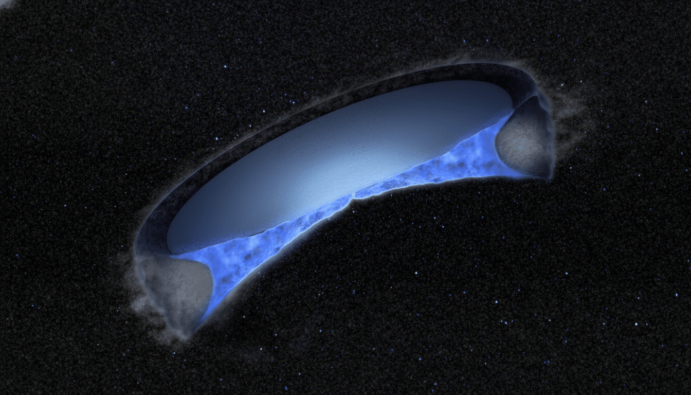 An enhanced 16:9 image showing a large, crescent -shaped celestial object with a dark blue interior and a vibrant blue, glowing outer rim , against a starry , dark background .