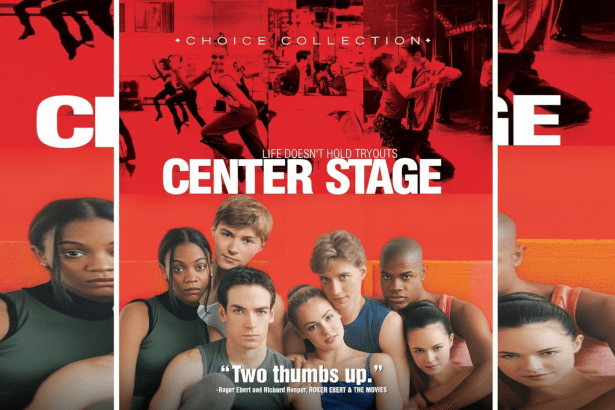 The movie poster for Center Stage, featuring a cast of young dancers. The top half shows various dance scenes in a reddish filter , while the bottom half displays close -ups of the main characters against a red background.