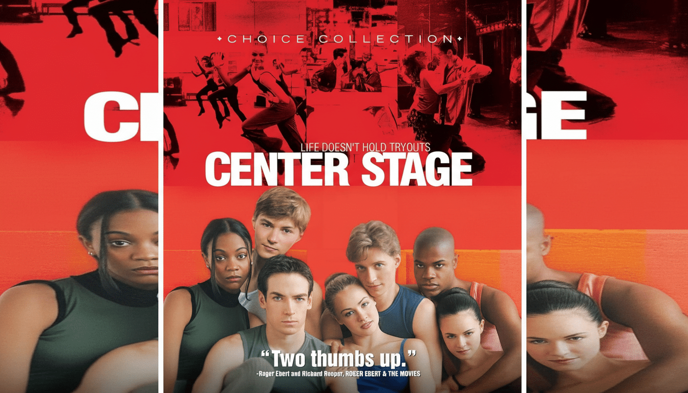 The movie poster for Center Stage, featuring a cast of young dancers. The top half shows various dance scenes in a reddish filter , while the bottom half displays close -ups of the main characters against a red background.