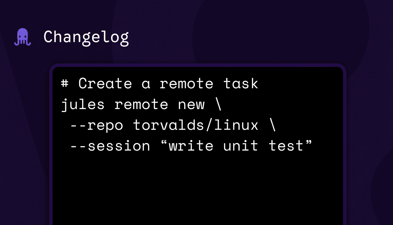 A screenshot showing a Changel og page with a code snippet for creating a remote task in a dark theme. The background is a purple pattern.