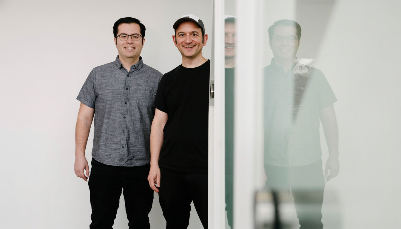 Two men smiling, one in a grey shirt and glasses, the other in a black shirt and a cap, standing in a doorway with a reflection of a third person visible.
