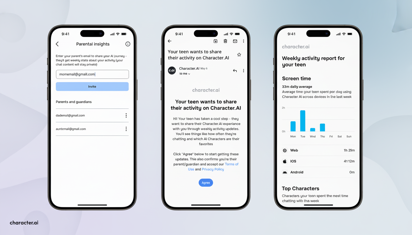 Three smartphone screens displaying Character.AIs parental insight features, including email invitation, activity sharing consent, and a weekly activity report with screen time and top characters.
