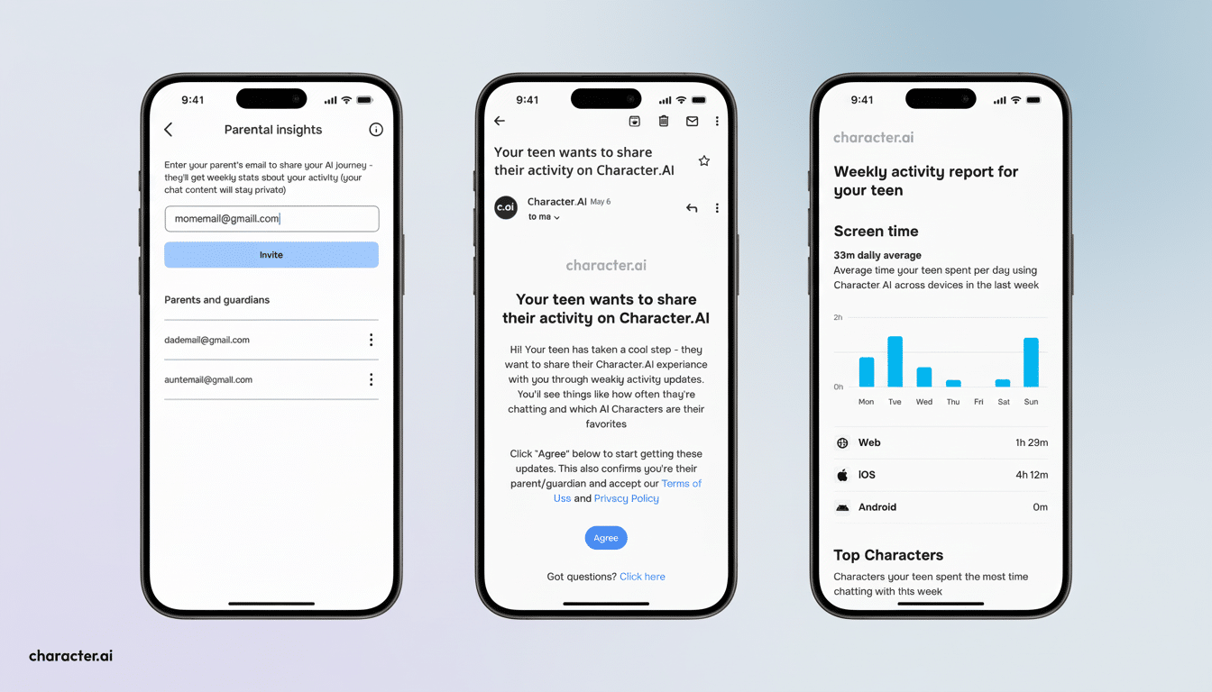 Three mobile phone screens displaying different stages of parental insights and weekly activity reports for a teen s Character.AI usage.