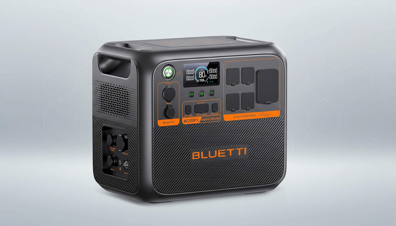 A professional, enhanced image of a BLUETTI AC200P L portable power station, presented on a clean, soft gray background with subtle geometric patterns. The device is dark gray with orange accents, featuring various output ports and a digital display showing 80% charge.