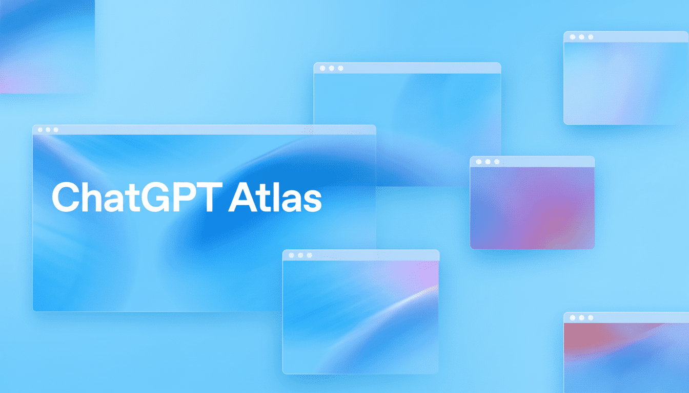 A banner image for ChatGPT Atlas featuring a clean , professional blue background with multiple semi -transparent window- like elements displaying soft , abstract gradients . The main element prominently displays ChatGPT Atlas in white text .