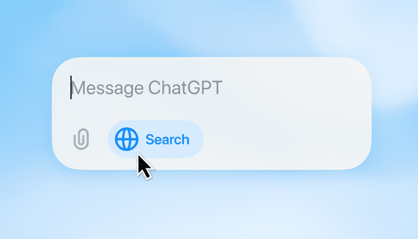 A clean, resized image of a message input field with Message ChatGPT placeholder text, an attachment icon, and a clickable Search button featuring a g
