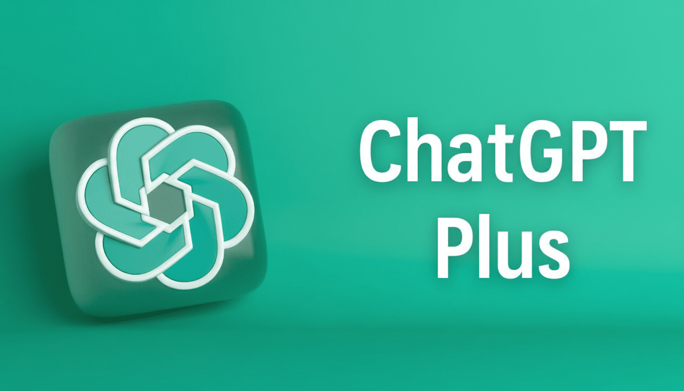 A 16: 9 aspect ratio image featuring the ChatGPT Plus logo and text on a teal background.