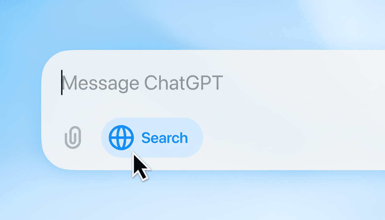 A close -up of a message input field with Message ChatGPT as a placeholder and a highlighted Search button with a globe icon.