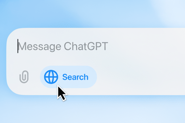 A professional 16: 9 image of a Message ChatGPT input field with a cursor pointing to a Search button featuring a globe icon.