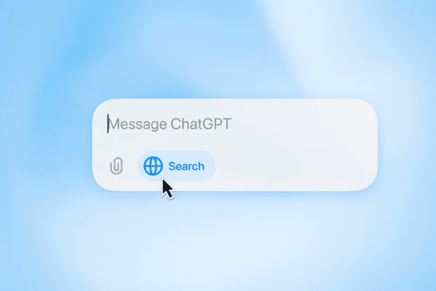 A cursor ho vers over a blue search button with a globe icon within a message ChatGPT input field, set against a blurred light blue background.