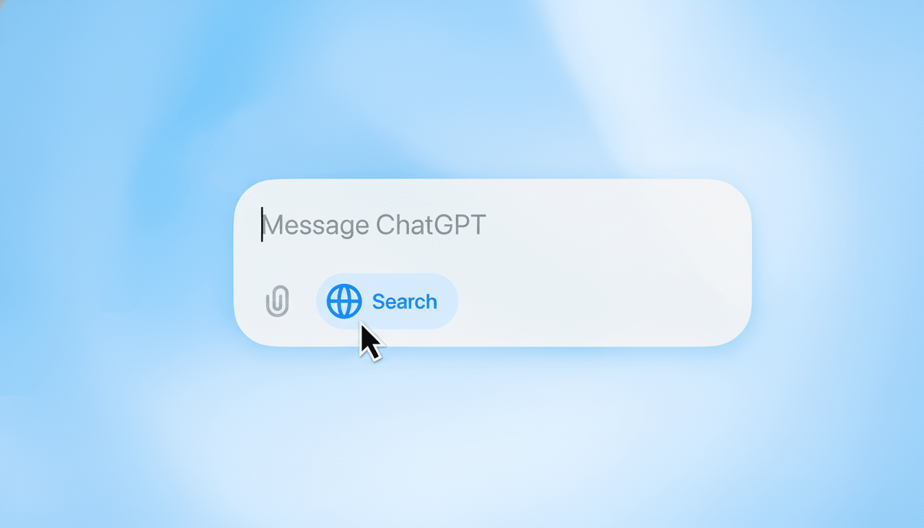 A cursor ho vers over a blue search button with a globe icon within a message ChatGPT input field, set against a blurred light blue background.