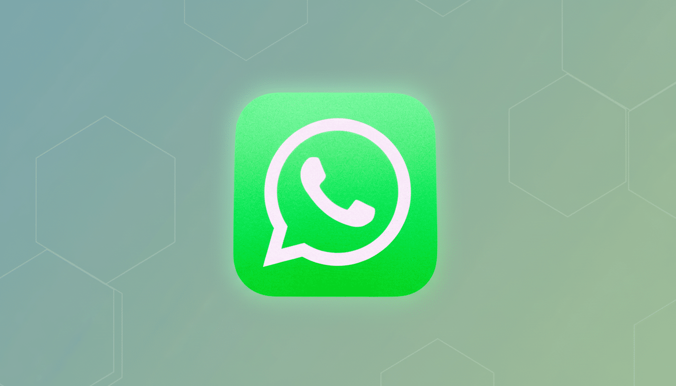 WhatsApp logo with a phone icon inside a green speech bubble , centered on a professional flat design background with a soft green - blue gradient and subtle hexagonal patterns .