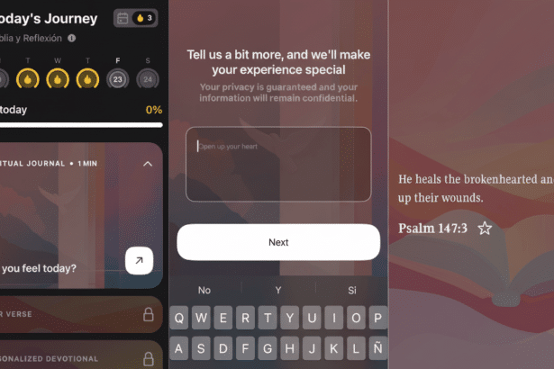 Three mobile app screens for a spiritual journaling and Bible reflection app. The leftmost screen shows Todays Journey with daily progress and a How d